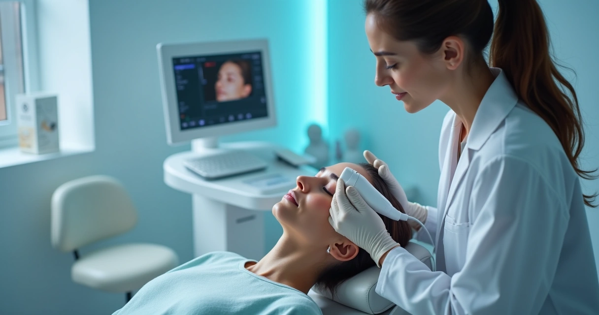 Procedimento de ultrassom facial em consultório de estética 