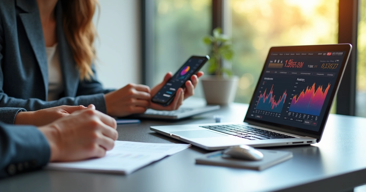 Notebook e celular na mesa exibindo gráficos financeiros ao lado de duas mãos de casal 