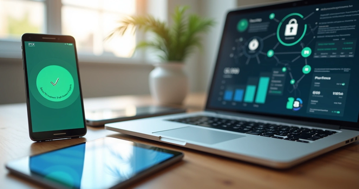Dispositivos digitais mostrando transações financeiras seguras com Pix, inteligência artificial e Open Finance 