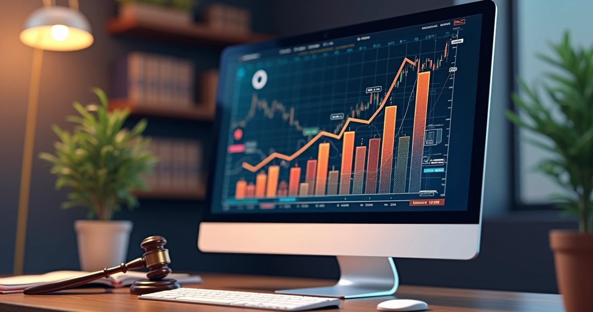 Tela de computador com gráficos financeiros e ícones jurídicos 