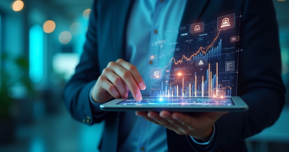 Tablet mostrando inteligência artificial analisando dados financeiros 