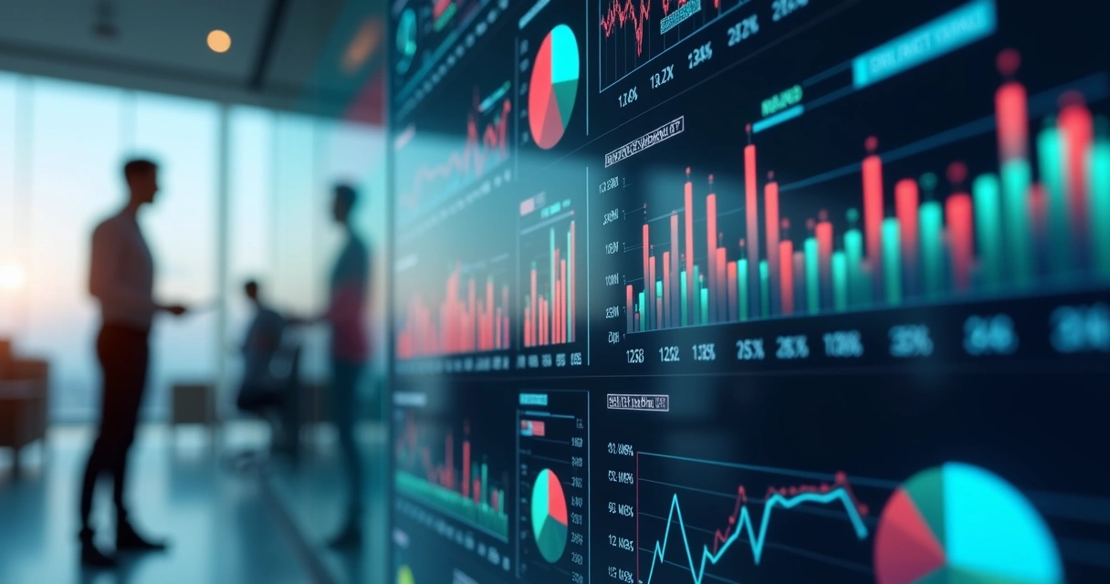 Dashboard financeiro digital em tela grande com gráficos coloridos 