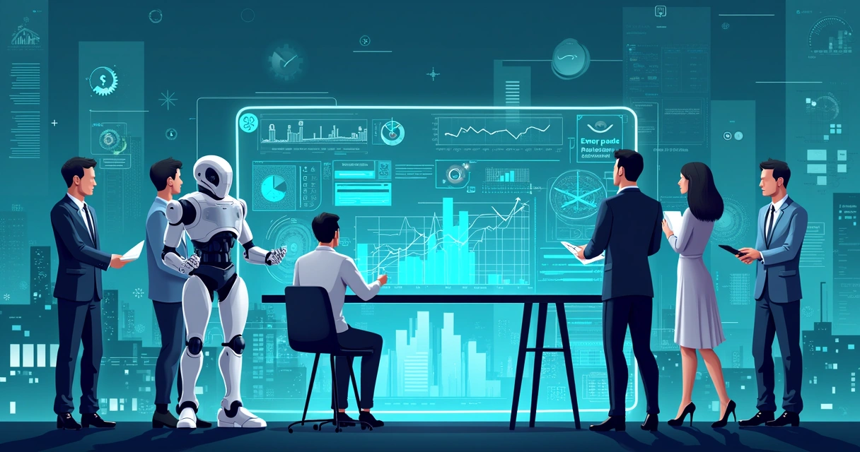 Robôs e humanos colaborando para automação financeira 