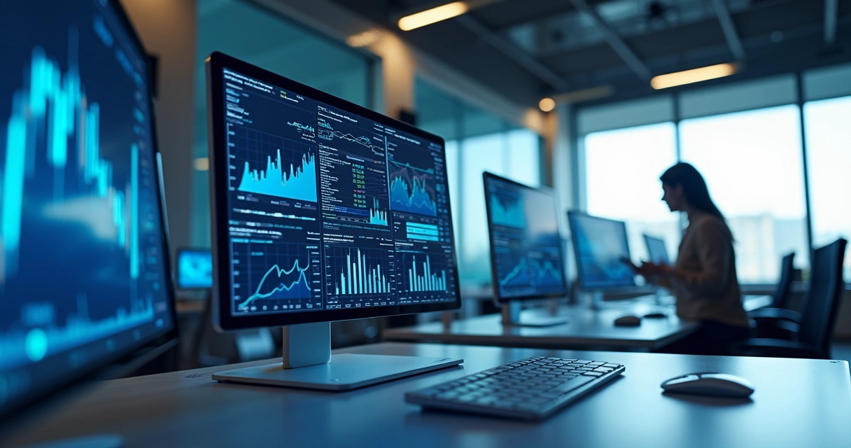 Mesa com diversas telas exibindo gráficos financeiros e dados digitais em ambiente corporativo moderno 