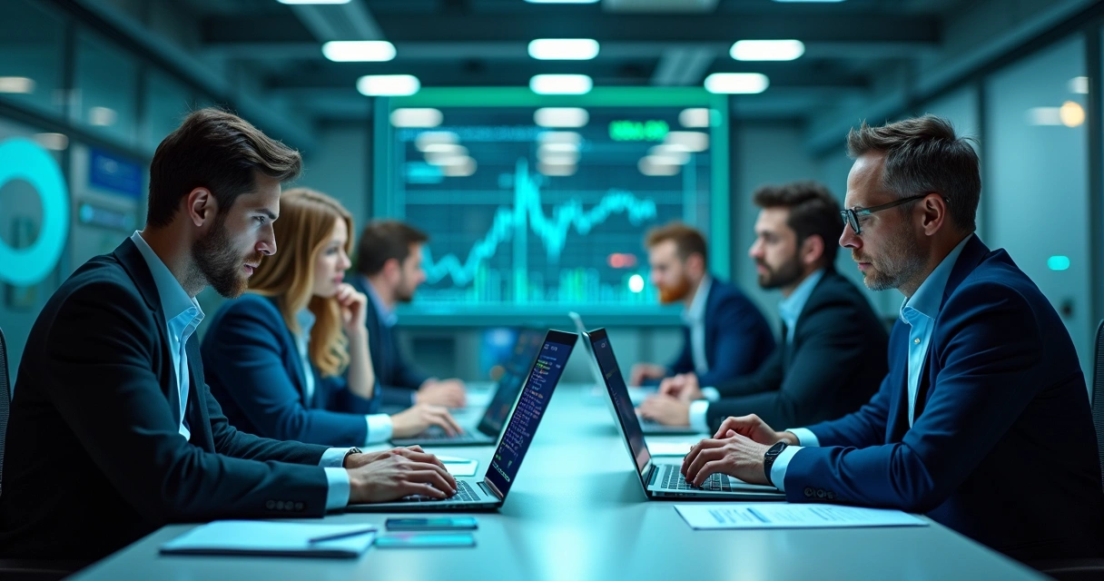 Equipe de finanças com laptops analisando dados em gráficos digitais 