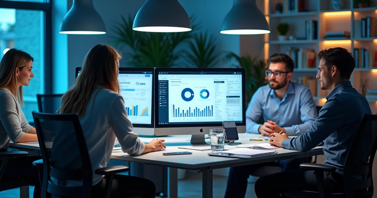 Equipe de tecnologia e fiscais analisando dados em computadores para atualizar processos 
