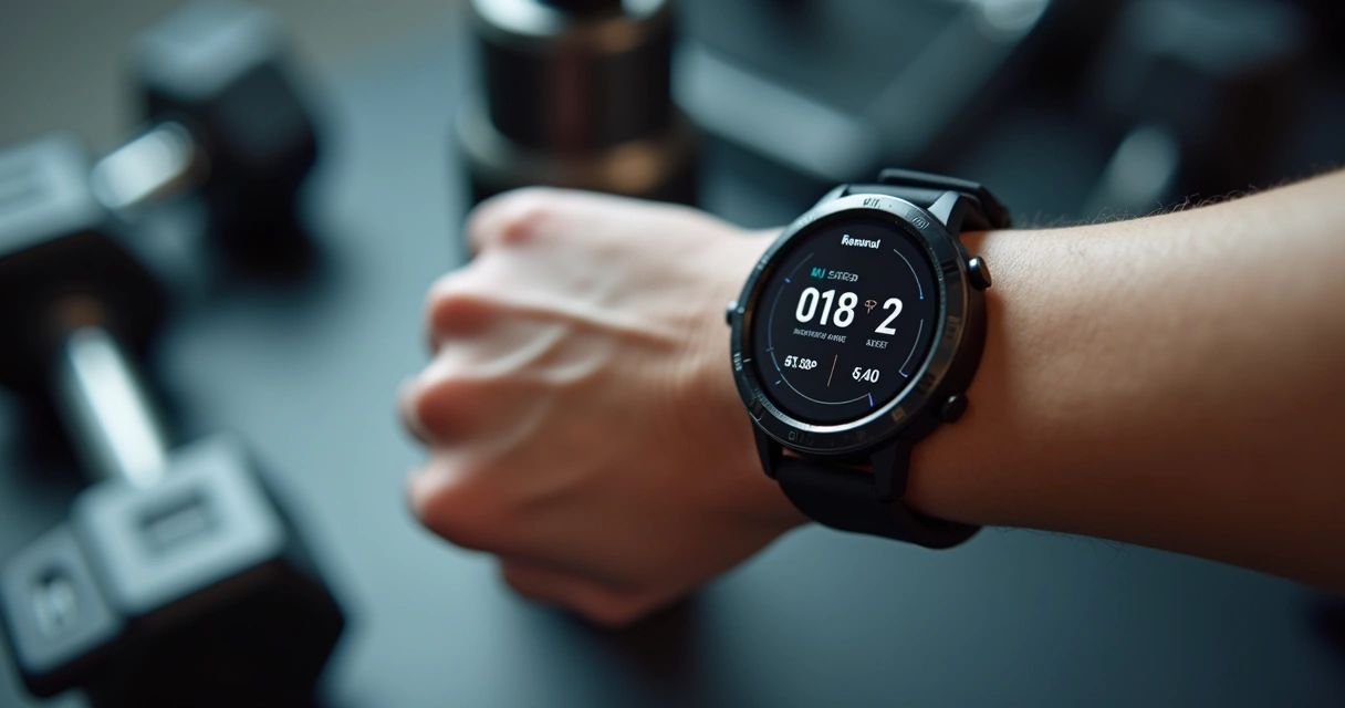 Relógio inteligente mostrando dados de atividade física no pulso. 