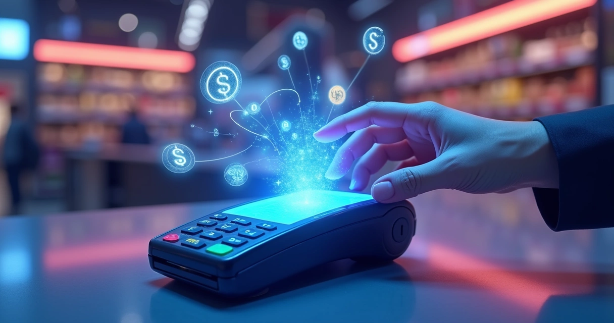 Ilustração de tecnologia avançada em pagamentos com maquininha 