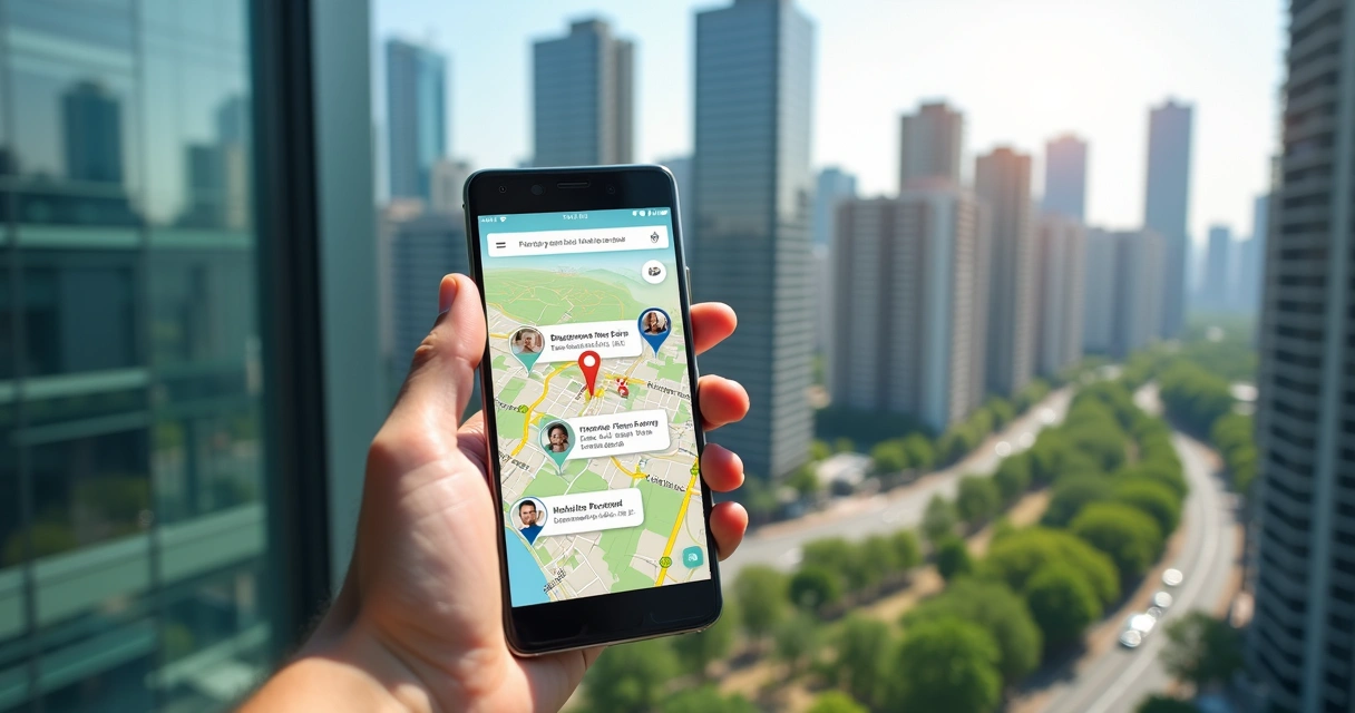 Smartphone exibindo mapa digital com pontos de imóveis marcados em área urbana contemporânea 