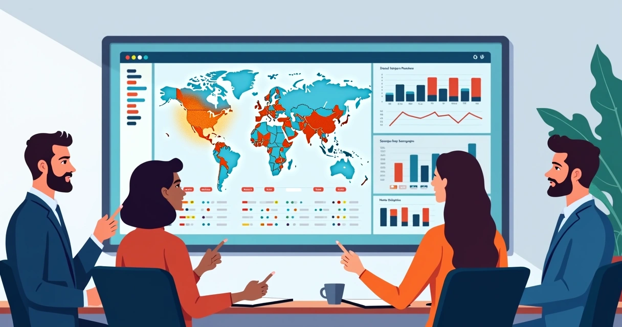 Interface digital mostrando dados geolocalizados em mapas e gráficos com equipes de campanha analisando.