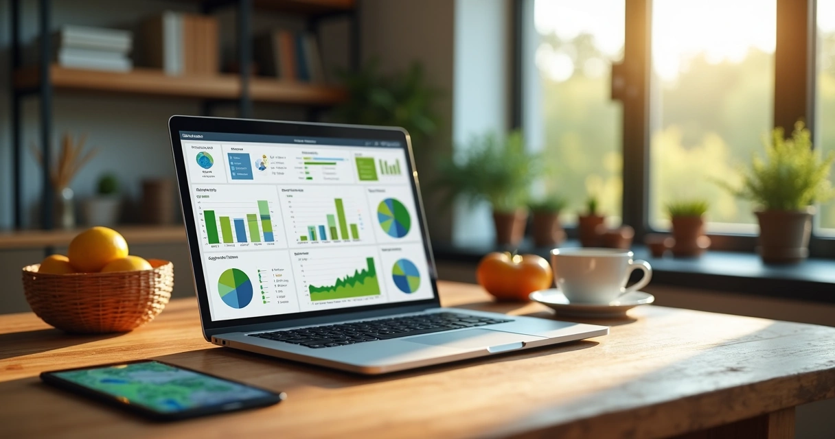 Notebook mostrando software de gestão agrícola com gráficos e dados coloridos 