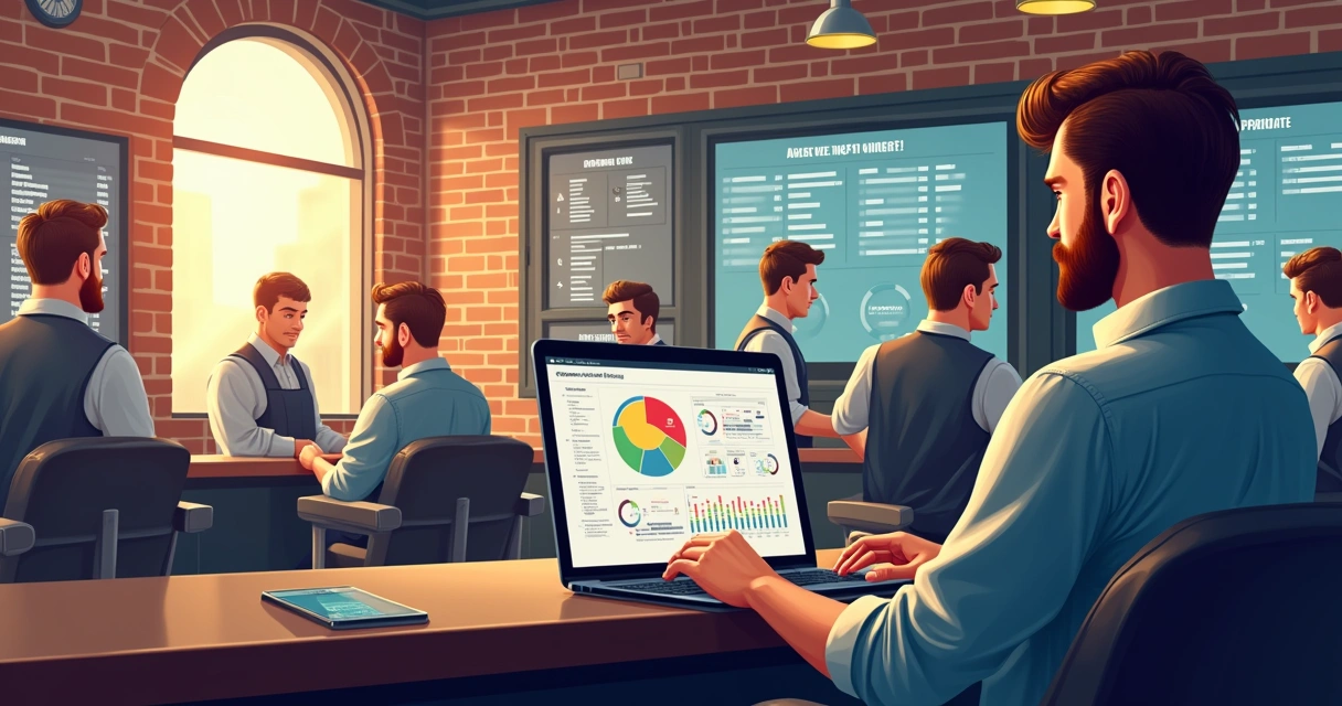Gestor de barbearia usando notebook com sistema de gestão e equipe ao fundo 