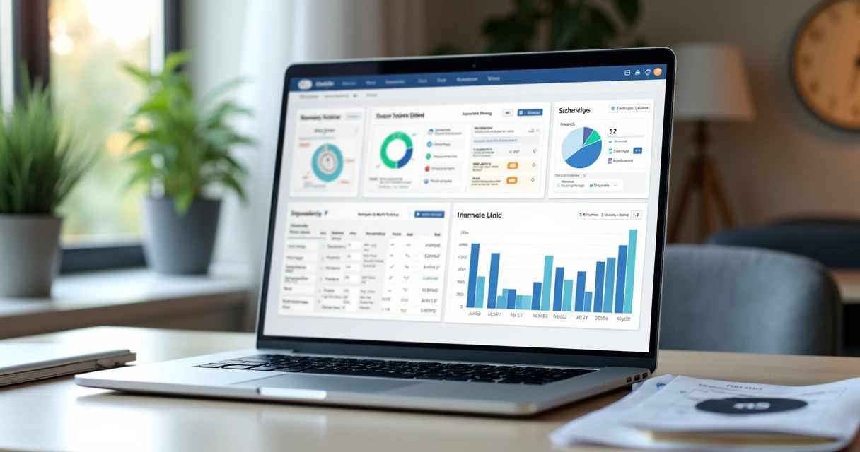 Plataforma digital exibida em tela de notebook, com gráficos e documentos de reformas 