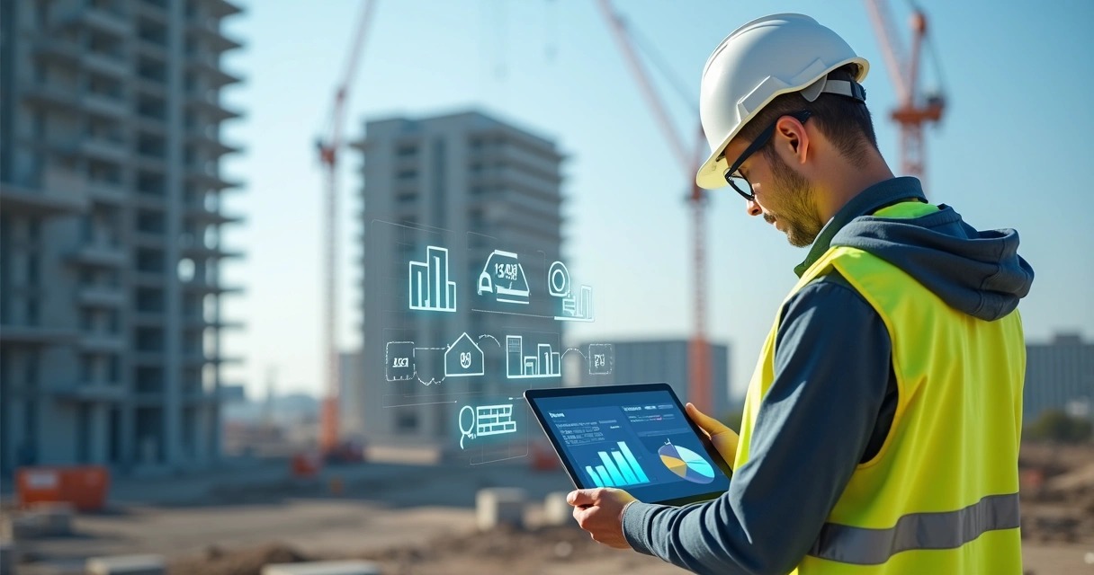 Profissional de construção civil operando um tablet em um canteiro com gráficos digitais 