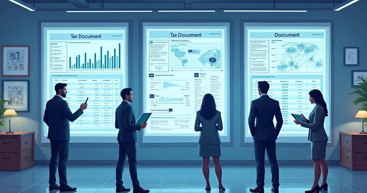 Equipe diante de telas digitais analisando documentos fiscais em tempo real 