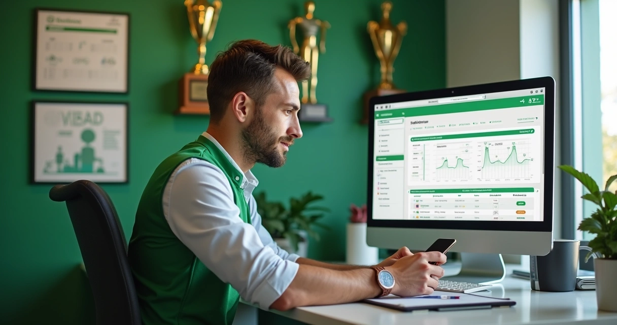 Gestor de escola de futebol usando sistema em notebook e celular, com gráficos e lista de jogadores na tela 