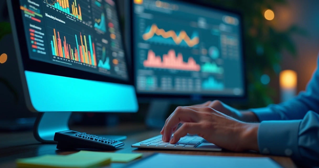 Hands typing in financial management software interface 