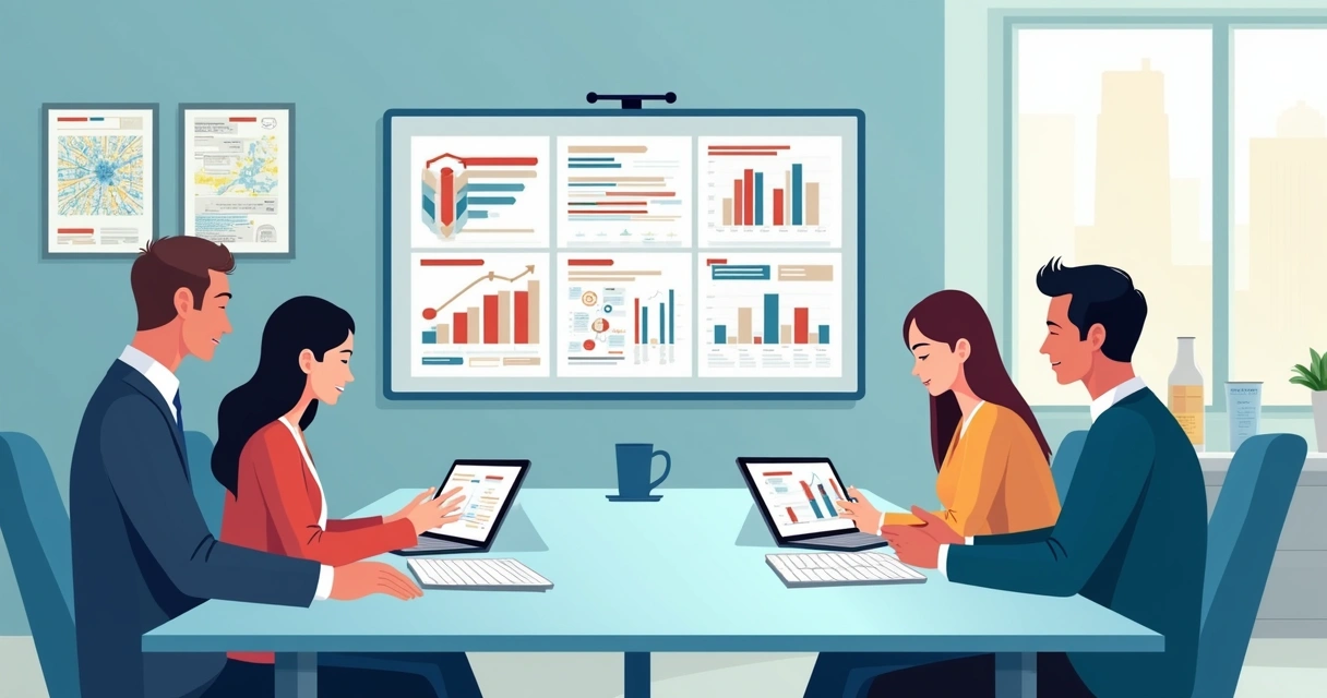 Equipe municipal usando tablets para consultar documentos digitais, painel de informações ao fundo. 