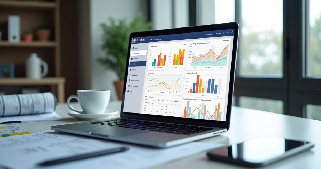 Sistema digital de gestão de INSS de obra exibido em notebook 