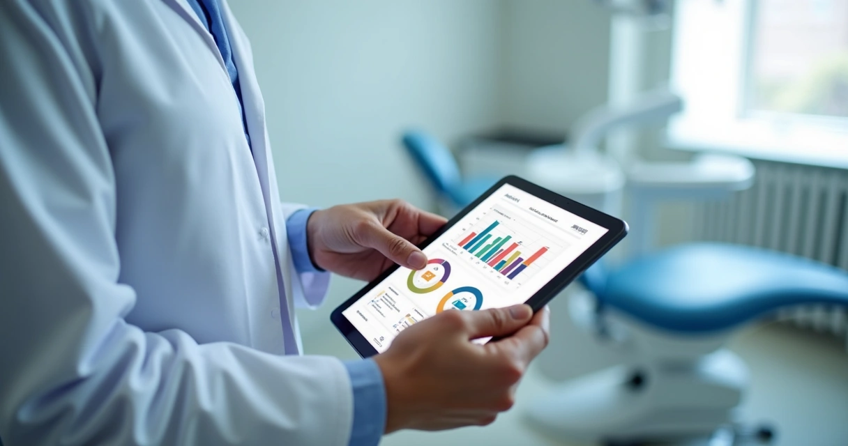 Dentista usando tablet com gráfico de controle de materiais 