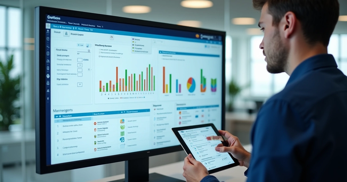 Dashboard digital de gerenciamento de pós-obra com gráficos, lista de manutenções e documentos digitais organizados 