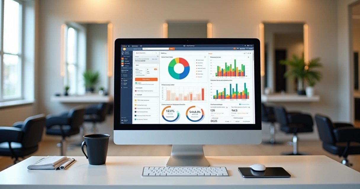 Computador exibindo gráficos financeiros em salão de beleza 