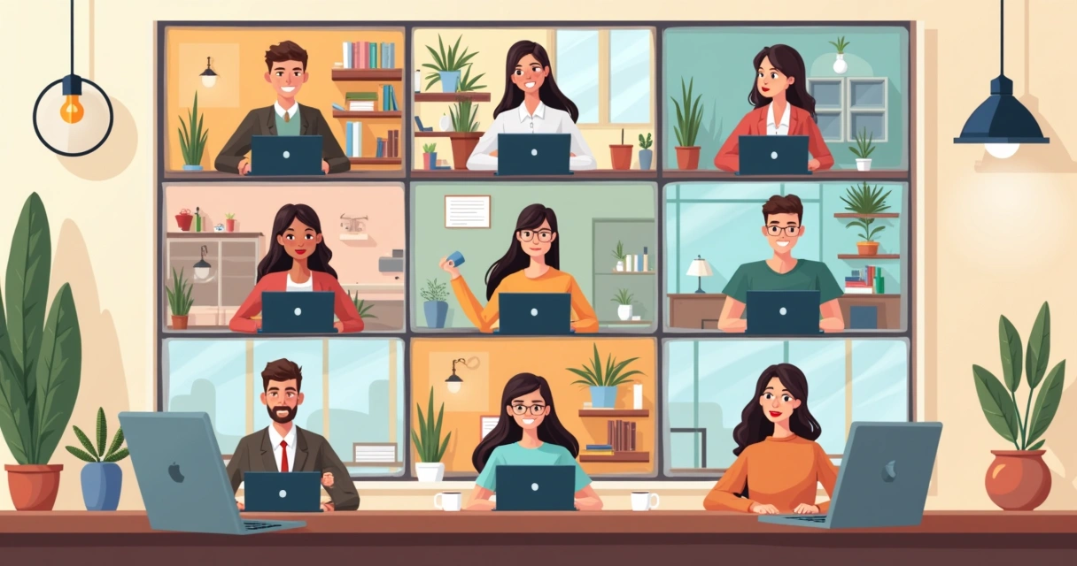 Equipe em home office conectada por videoconferência mostrando telas de notebooks. 