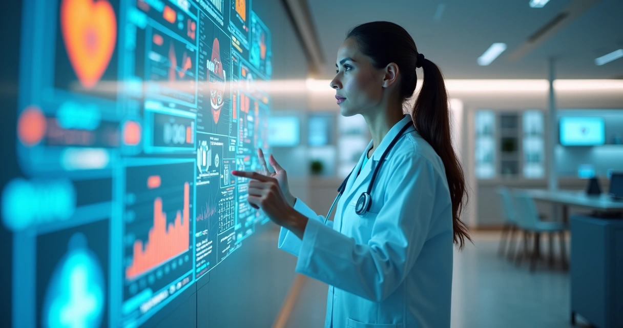 Profissional de saúde analisando dados digitais em tela futurista com gráficos e ícones de tecnologia médica 