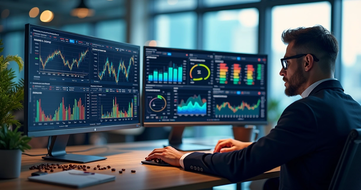 Ilustração de telas de computador mostrando gráficos de commodities agrícolas e dados em tempo real 