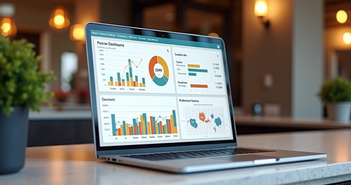 Sistema digital aberto em notebook na recepção de hotel, mostrando dashboard financeiro 