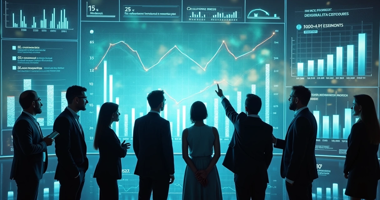 Persona interactuando con gráficos digitales económicos que muestran impacto humano y datos de bienestar