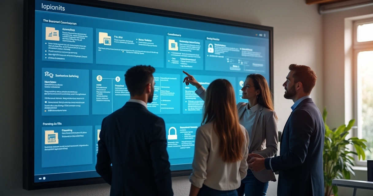 Profissionais analisando dados digitais de forma colaborativa em frente a uma tela digital 