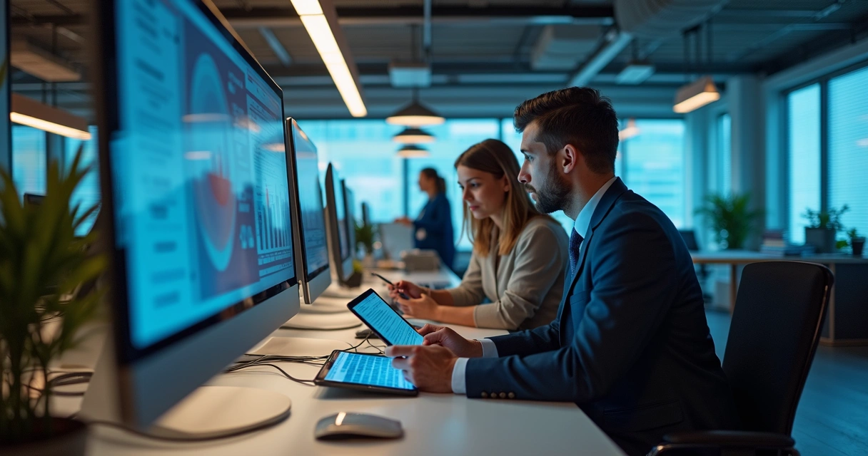 Profissionais em escritório moderno usando tecnologias integradas 