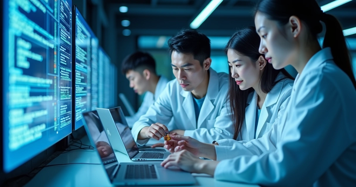 Cientistas chineses testando IA em laboratório moderno 