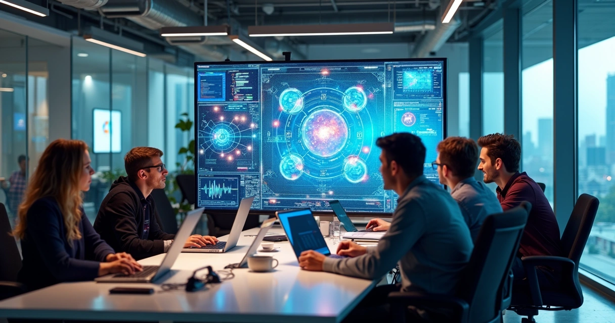 Engenheiros de software colaborando em frente a tela com gráficos de IA