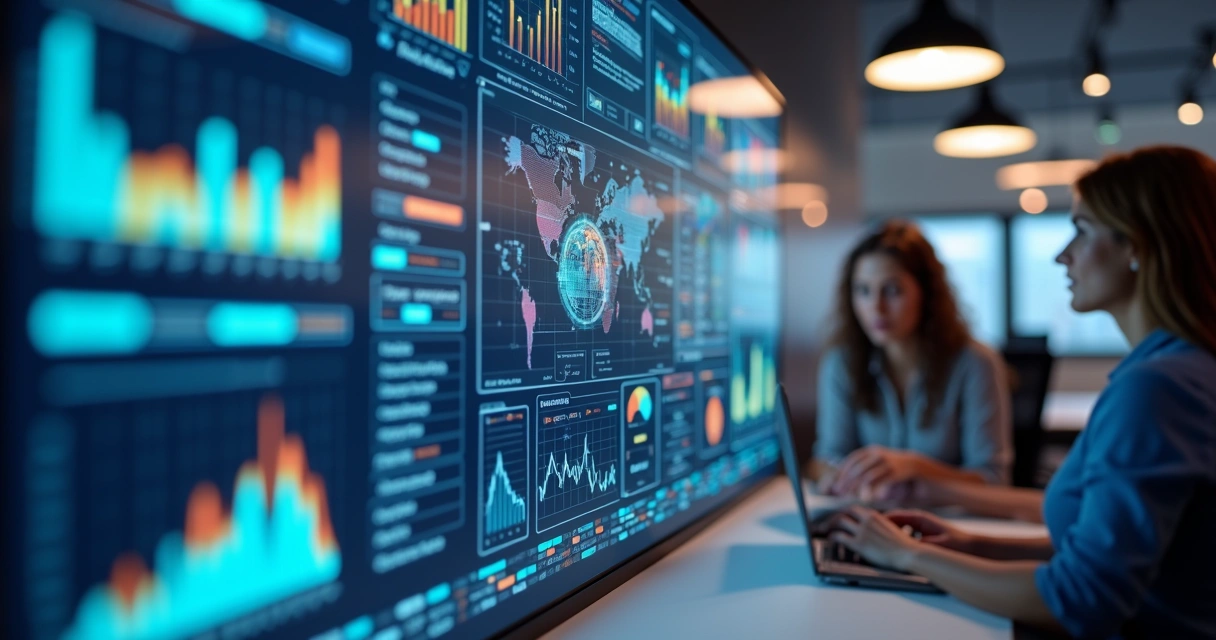 Painel digital de startup exibindo análise de dados e IA 