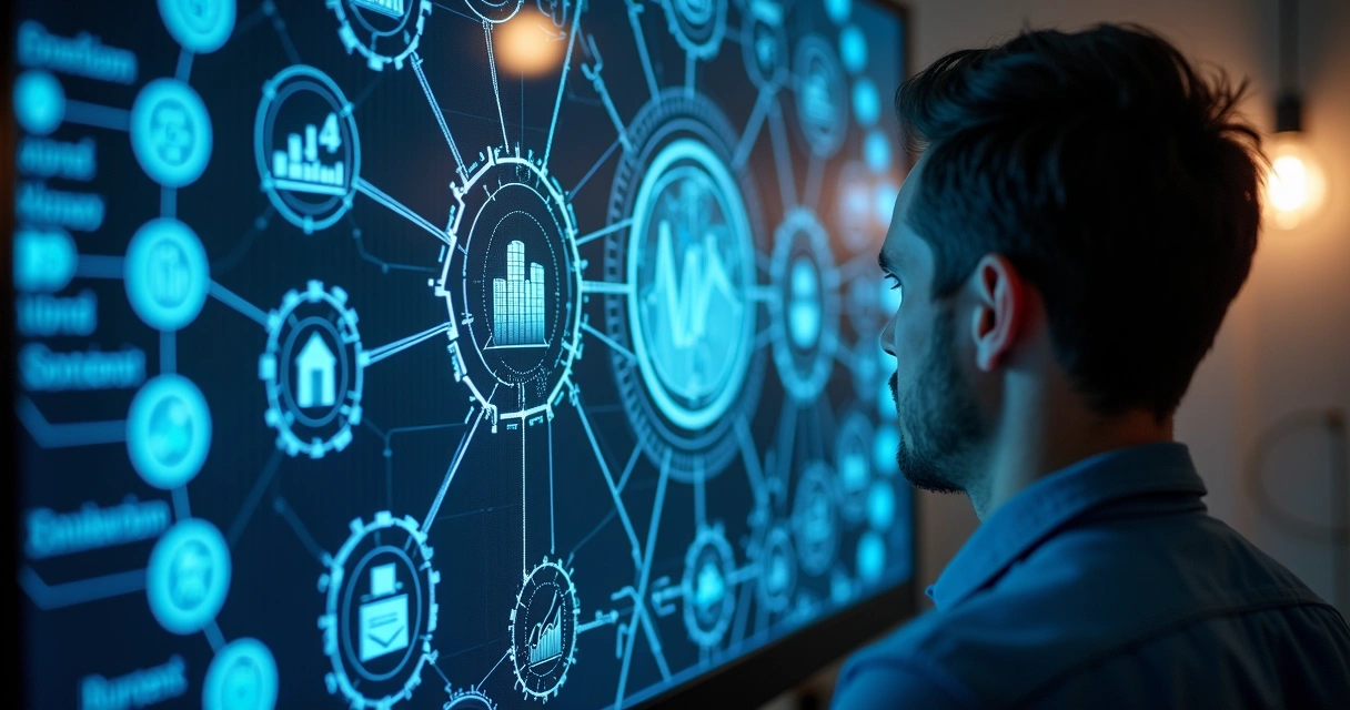 Painel digital mostrando conexões entre IA e marketing digital 