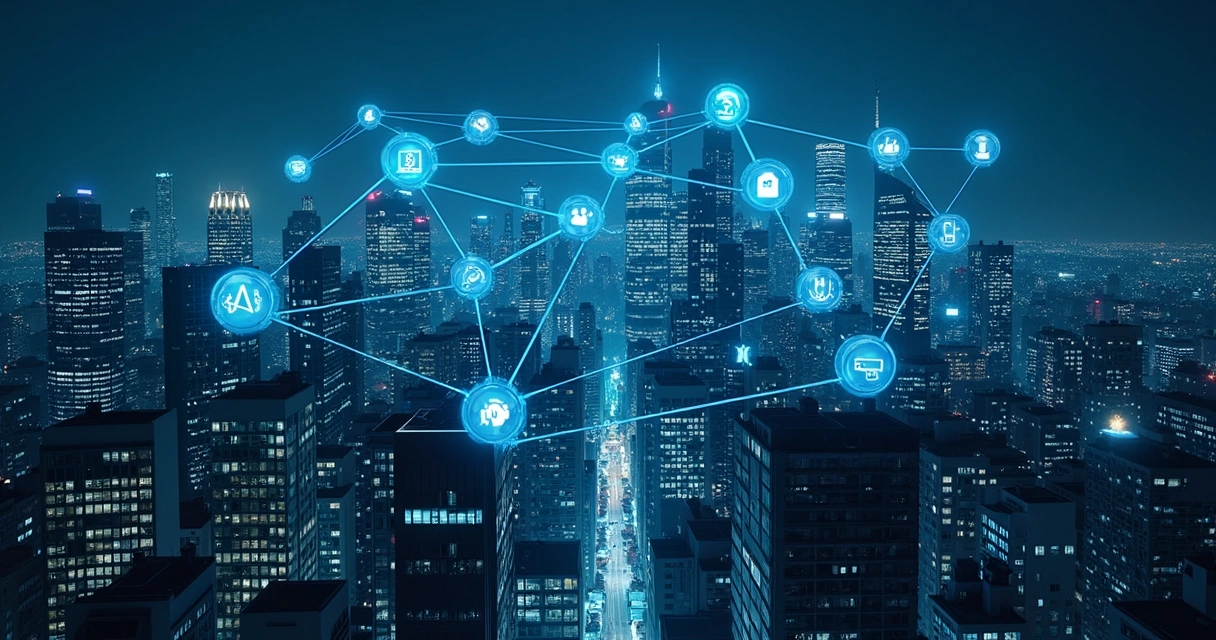 Símbolos de tecnologia conectados sobre cidades e empresas à noite. 