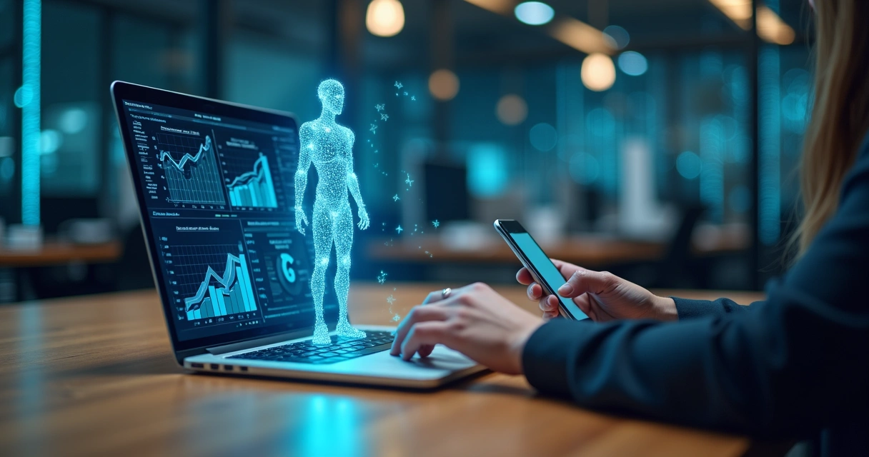 Mesa com laptop aberto mostrando gráficos de inteligência artificial, robô digital holográfico interagindo, e pessoa usando smartphone em ambiente de escritório moderno iluminado 