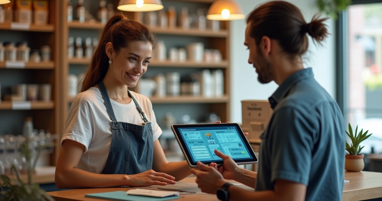 Dono de pequena empresa usando IA em tablet no atendimento ao cliente 