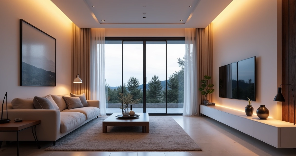 Ambiente de sala de estar com iluminação inteligente e decoração moderna em Paulínia 