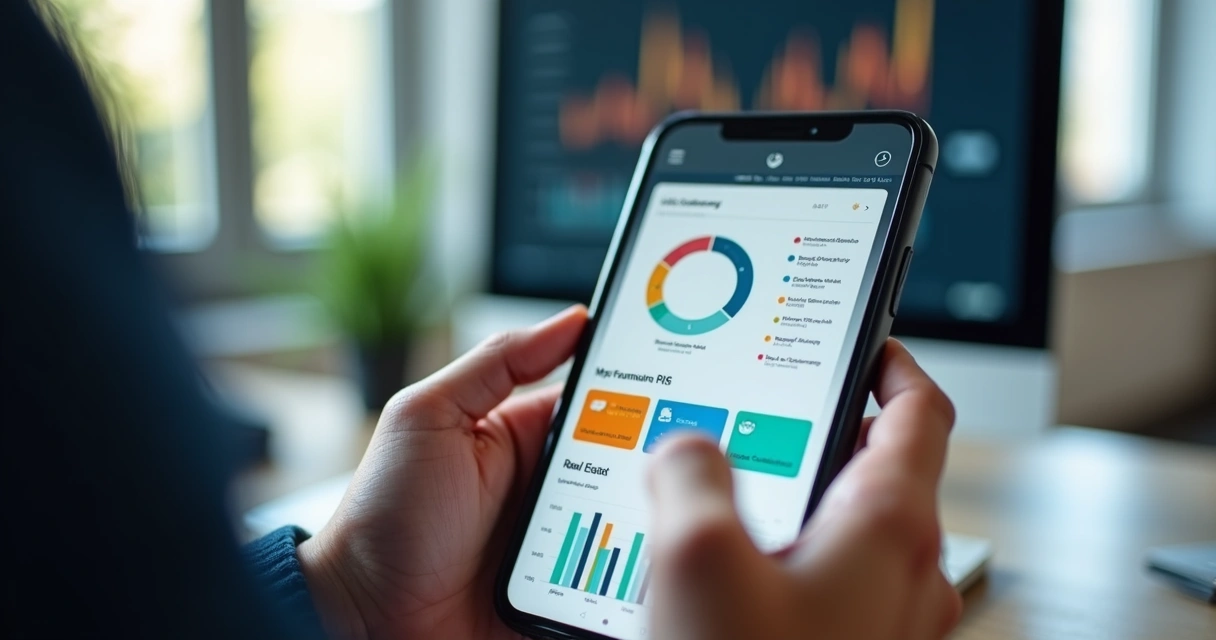 Tela de aplicativo imobiliário em smartphone mostrando dados de leads e painel de funil de vendas. 