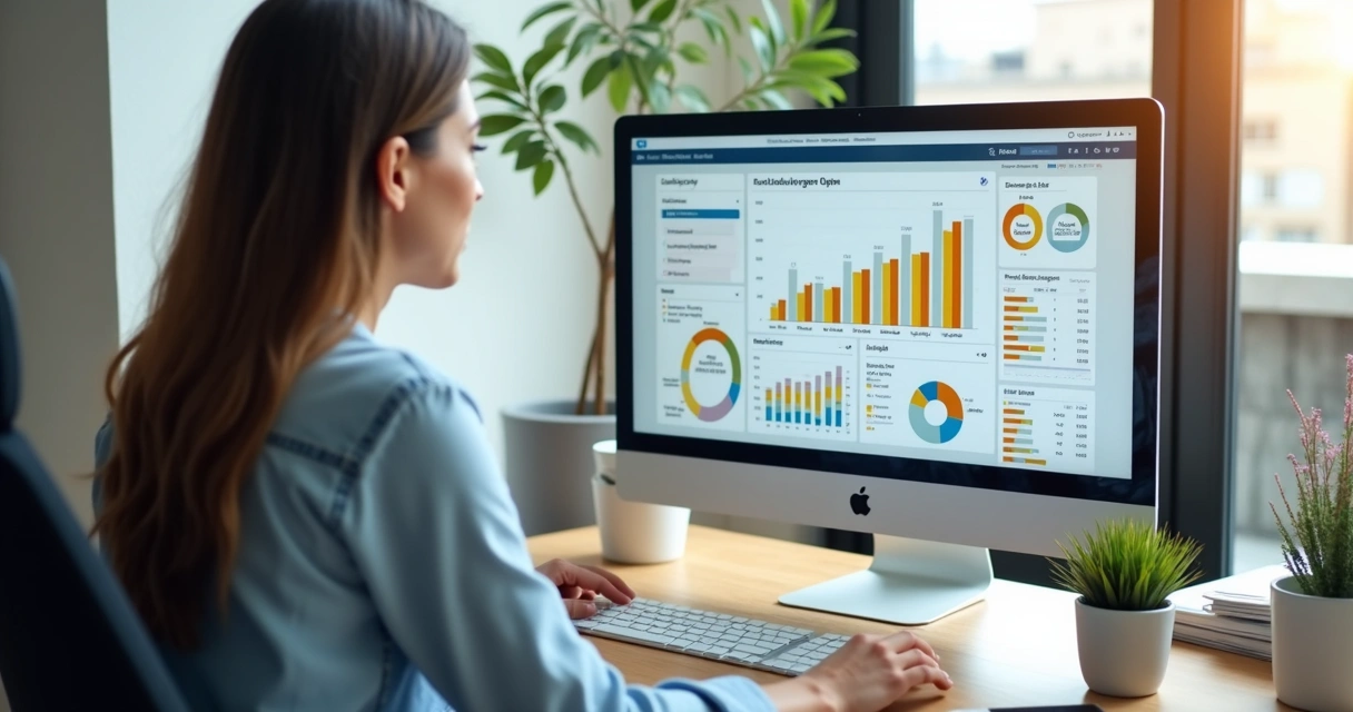 Tela de computador exibindo um CRM imobiliário e gráficos de leads, com uma corretora analisando dados ao lado 
