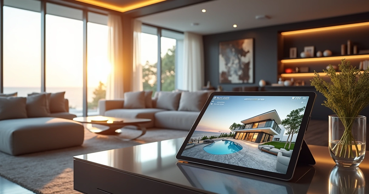 Sala de imóvel de luxo com gráfico virtual sobreposto e tablet exibindo tour 3D 