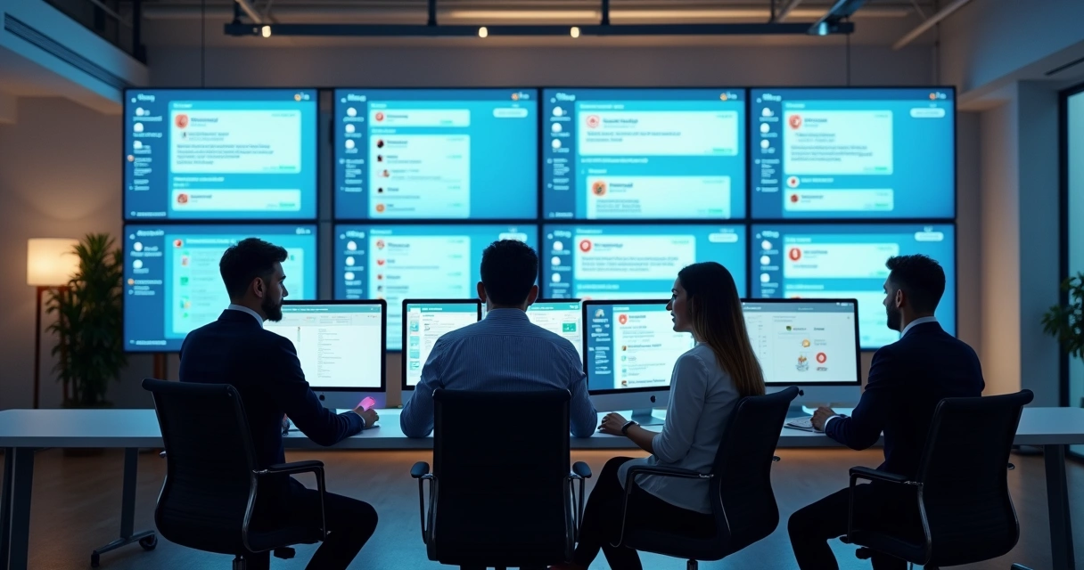 Equipe de atendimento analisando tela com múltiplos canais como WhatsApp, Instagram e e-mail 