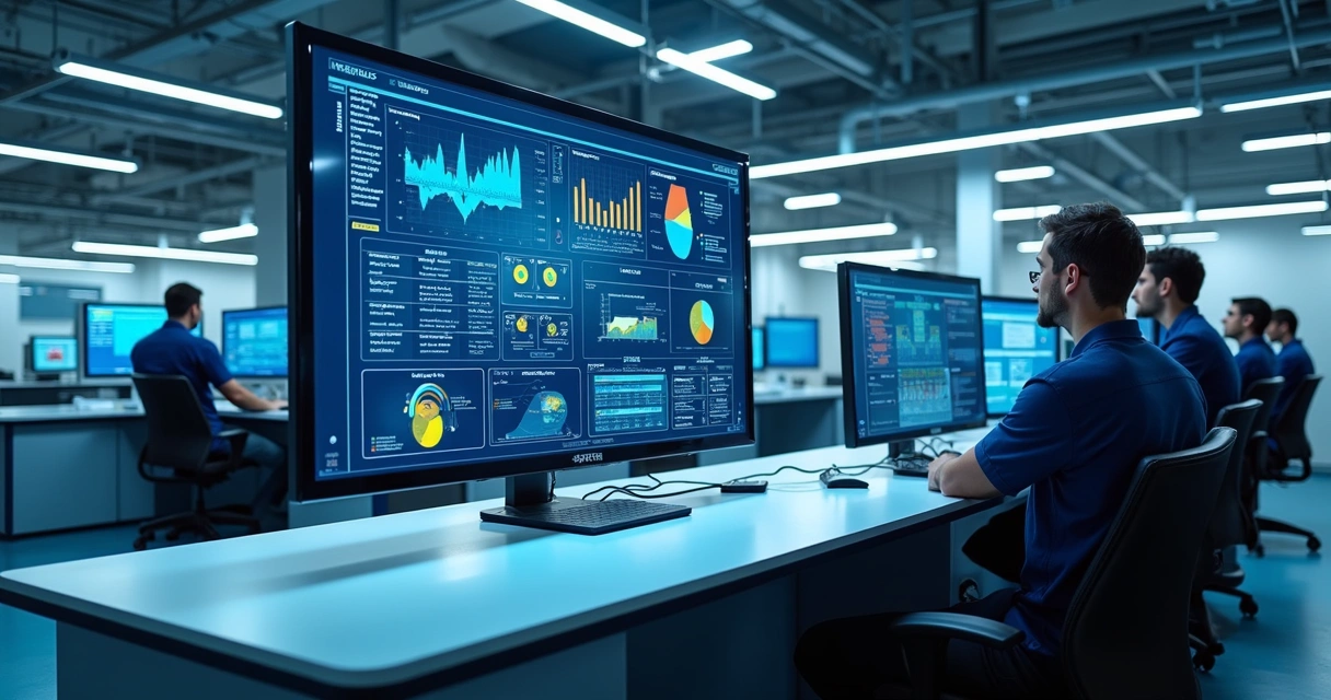 Dashboard digital exibido em monitor em setor industrial moderno 