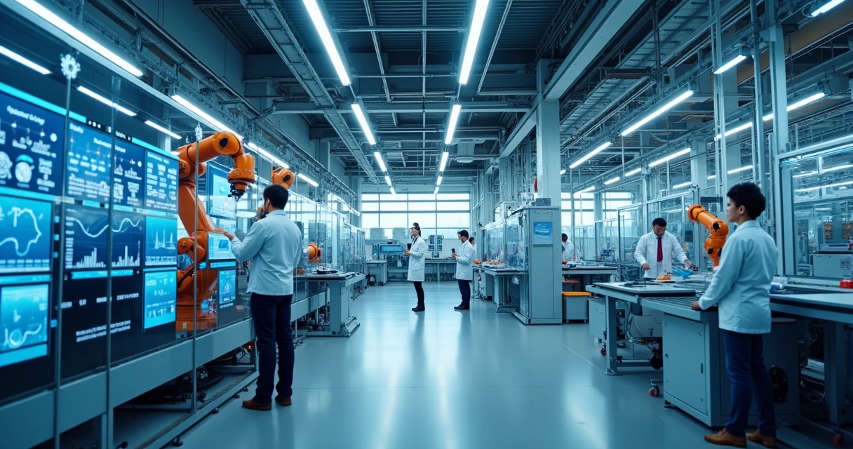 Fábrica inteligente com automação avançada e interfaces digitais 