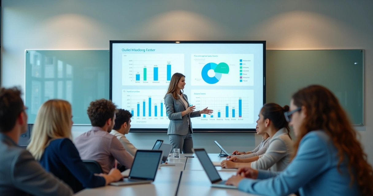 Professora usando plataforma digital com alunos ao fundo 