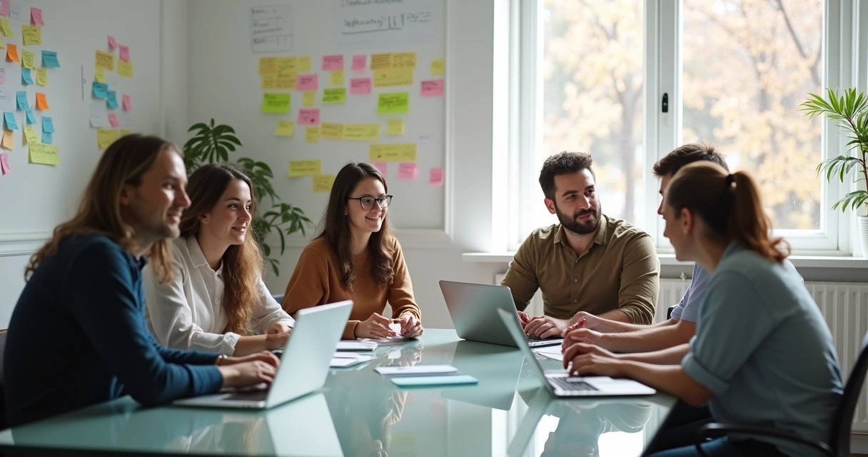 Equipe reunida discutindo ideias inovadoras em ambiente de startup