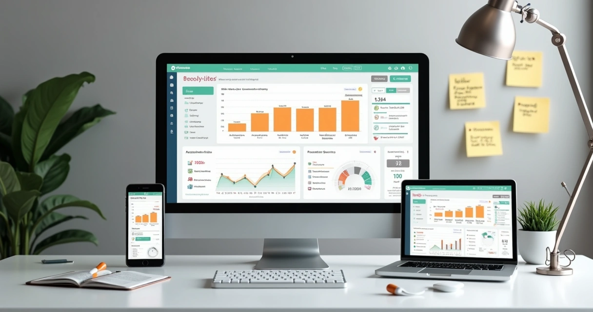 Tela de dashboard de CRM com dados de vendas e atendimento em dispositivos móveis e computadores 